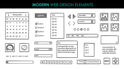 Set modern design elements page template. Website UI UX design hand drawn wire frames. Web elements with navigation, buttons, icons for use on the site. Vector illustration.