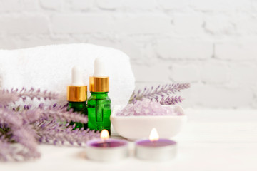 Obraz na płótnie Canvas Spa beauty massage health wellness backgroundSpa Thai therapy treatment aromatherapy for body woman with lavender flower nature candle for relax and summer time. Copy space. Lifestyle Health Concept