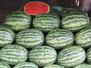 Full frame shot of raw watermelon for sale in local market.background, farmer fruit market.
