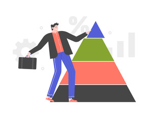 Portfolio structure. Male investor in a business suit with a briefcase decides where to invest. Managing various securities. Business illustration. Vector flat.