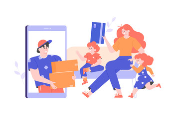 Online shopping from a smartphone and delivery of goods. Mom with two children is sitting at home. Payment by credit card. Vector flat illustration.