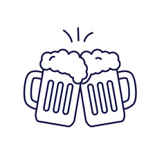 Two beer clink vector illustration in simple line design isolated on white background. Beer