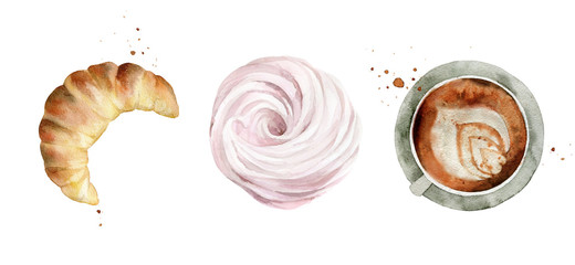Sweet desserts. Croissant, marshmallow and coffee cup. Food samples for a restaurant menu. Watercolour illustration isolated on white background.