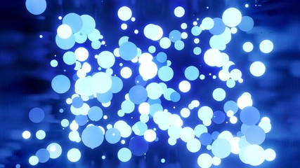 glowing blue balls light and fly in shiny room. 4k abstract 3D background of luminous spheres in dark shiny camera. Composition of glowing light bulbs