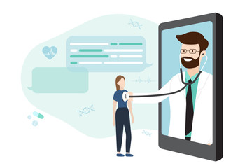 Fototapeta na wymiar smartphone screen on chat in messenger with Doctor and an online consultation. Vector flat illustration. Healthcare and E-Medical Concept Design for Banner, Poster and Advertising Background.