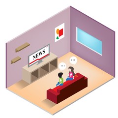 Roommates Watching News in Television at Home in Isometric 3D Vector Illustration