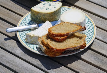 A gourmet cheese platter with ripened goat cheese and blue cheese