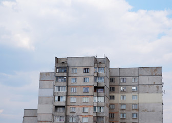 Fragment of the facade of one of the serial high-rise apartment buildings in Russia, Ukraine.