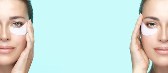 Beauty banner of a model using hydrating eye masks. Cosmetology and skin care concept.