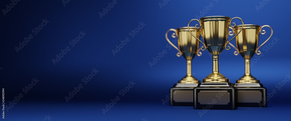 Canvas Prints golden trophy cup on blue background. copy space for text. 3d rendering.