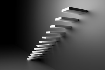 White ascending stairs in black room abstract black 3D illustration