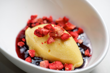 Peach ice cream with strawberry