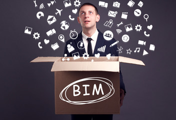 Business, technology, internet and network concept. A young businessman collects information to...