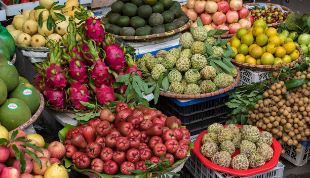 Several Baskets of exotic fruits and vegetables in Vietnam, Hanoi