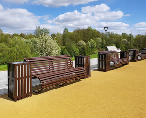 Beautiful boulevard with lanterns and benches in Zelenograd in Moscow, Russia