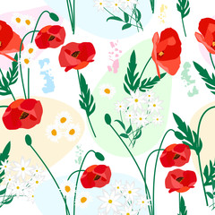 Seamless vector pattern of poppy and daisies flowers on white background for textile