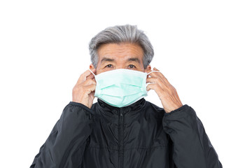 Old woman wearing a mask fear problem covid 19 and air pollution on a white background,stay at home ,healthcare concept,new normal.