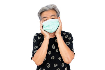 Old woman wearing a mask fear problem covid 19 and air pollution on a white background,stay at home ,healthcare concept,new normal.