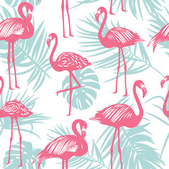Seamless pattern of pink flamingo with palm leaves on white background