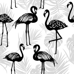 Seamless pattern of flamingo with palm leaves in black and white color