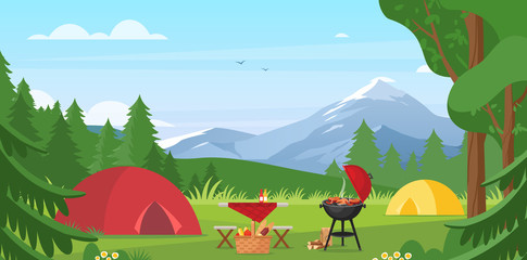 Cartoon flat tourist camp with picnic spot and tent among forest, mountain landscape view, sunny day. Summer camping vector illustration. Outdoor nature adventure, active tourism background © Natalia