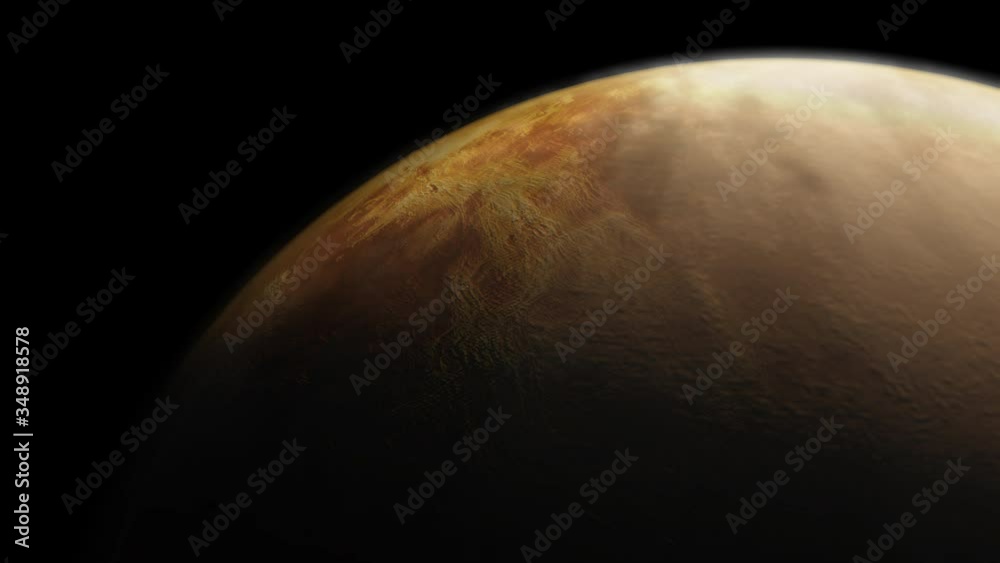 Wall mural planet venus in a slow spin with the atmosphere of the surface being highlighted from the sun concep