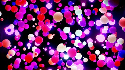 Abstract composition of colorful balls in air, which randomly light up and reflect in each other. Multicolored spheres in air as simple geometric dark background with light effects.