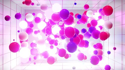 Abstract composition of colorful balls in air, which randomly light up and reflect in each other. Multicolored spheres in air as simple geometric light background with light effects. In light room