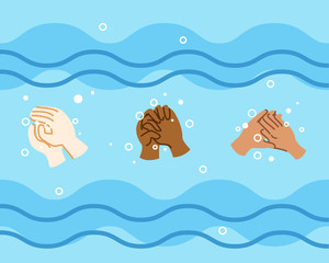 Row of different hands washing with different motion techniques for cleanliness