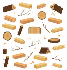 Wood industry raw material.ree wood trunk vector set chopped firewood logs and wooden stump.