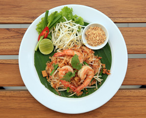 Padthai, Noodle Stir-fried with shrimp on white plate.