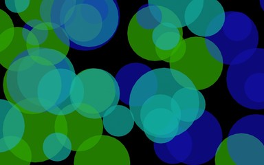 Multicolored translucent circles on a dark background. Green tones. 3D illustration