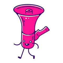 Cartoon Loudspeaker. Running Pink Megaphone. Kawai Mouthpiece. Refer a Friend. Referral Program. Kawai Loudspeaker on white background isolated. Stock Vector Illustration. Cartoon style. 