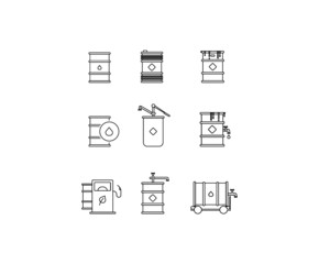 Barrels, oil icon set. Big, small, pumps, dripping oil, safe, secure, container, limited, cargo oil, levers, minimal vector illustrations. Minimal outline stroke icon set for websites.	