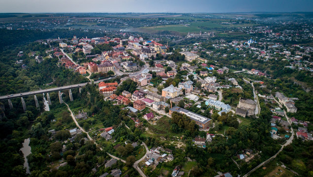 An arial view taken with a drone shows old town district at the city of Kam'yanets-Podilsky, Khmelnitsky region, Ukraine