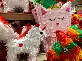 Colorful pinatas used in birthdays and Mexican celebrations. Pinata is a famous game from the South American region (Mexico).