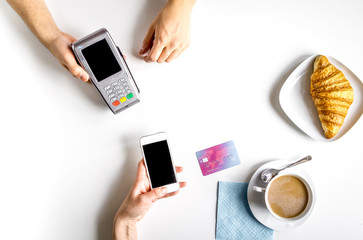 business lunch with coffee card payment on white background top view