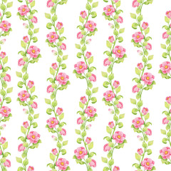 Watercolor seamless pattern of pink flowers and green twigs, leaves isolated on white background.  Japanese camellia