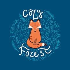 The vector illustration of the circle with fox and  lettering - Cozy forest 