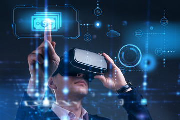 Business, Technology, Internet and network concept. Young businessman working on a virtual screen of the future and sees the inscription: