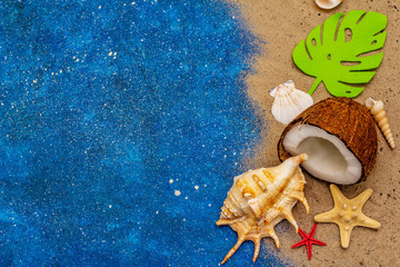 Fototapeta na wymiar Seashells summer background. Lots of different seashells piled together, sea star