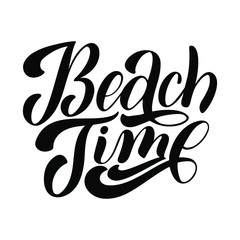 Beach time, black brush ink lettering and summer holiday calligraphy, isolated on white background.