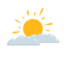 Sun and cloud. Cartoon flat illustration. Yellow and blue object. Warm summer weather. Sky element and meteorology. Simple child drawing
