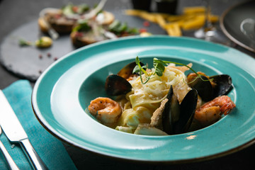 Set of seafood on black backgrounds