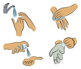 Collection of hygiene procedures. Wash your hands with soap under the tap, wipe with a napkin, treat with an antiseptic, wear rubber gloves. Vector illustration of a set