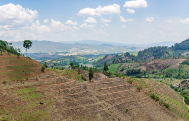 Field and view of distant mountains in the rural valley of thailand.