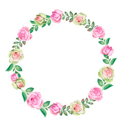 Watercolor round floral frame with pink and yellow roses.
