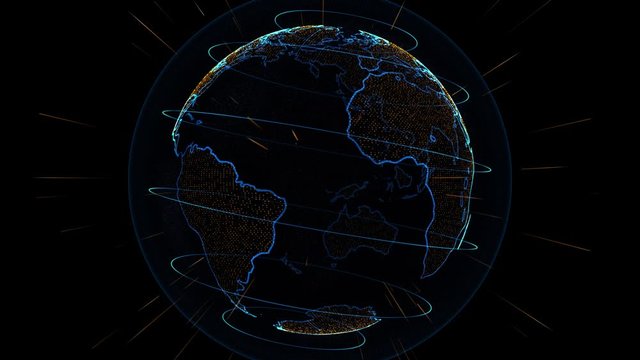 4k 3D Holographic Earth featuring major cities in the world with light beams and particles for each continent
