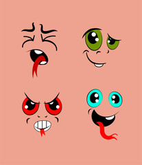A set of funny faces for a cartoon monster. Moody, angry, flirtatious, happy.  Blue, green, scarlet eyes, squeezed shut.

