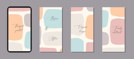 Beautiful calm set of vertical social media post templates with minimal abstract organic shapes composition in trendy contemporary collage style